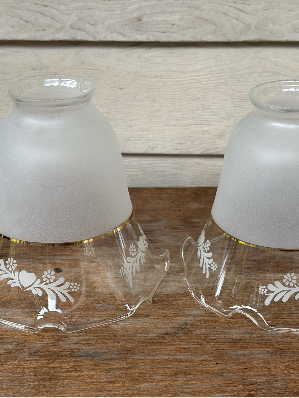 Pair of White Frosted & Clear Floral Glass Shades with Gold Trim